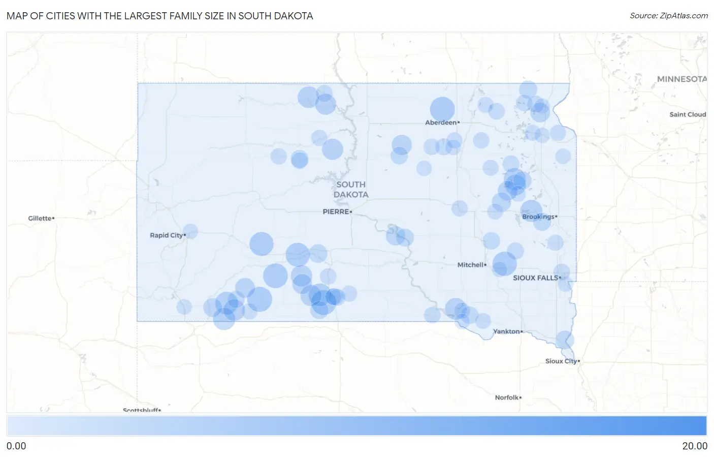 Cities with the Largest Family Size in South Dakota Map