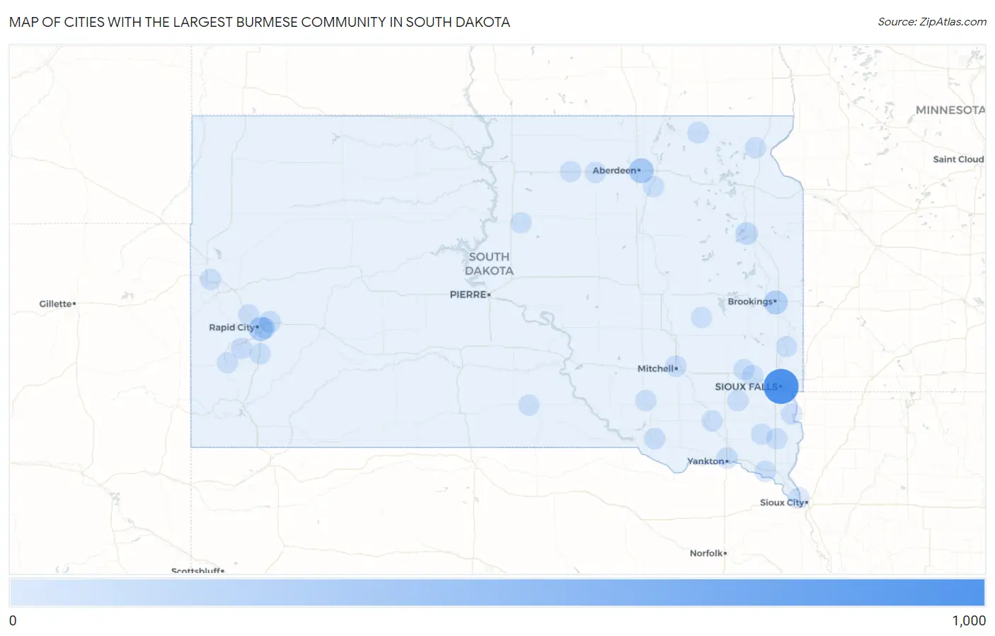 Cities with the Largest Burmese Community in South Dakota Map