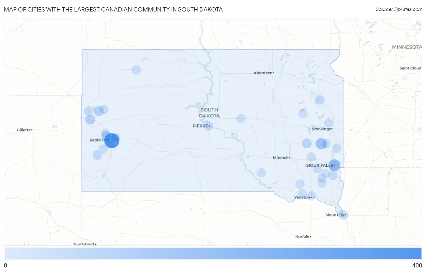 Cities with the Largest Canadian Community in South Dakota Map