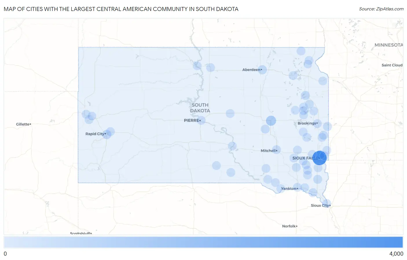 Cities with the Largest Central American Community in South Dakota Map