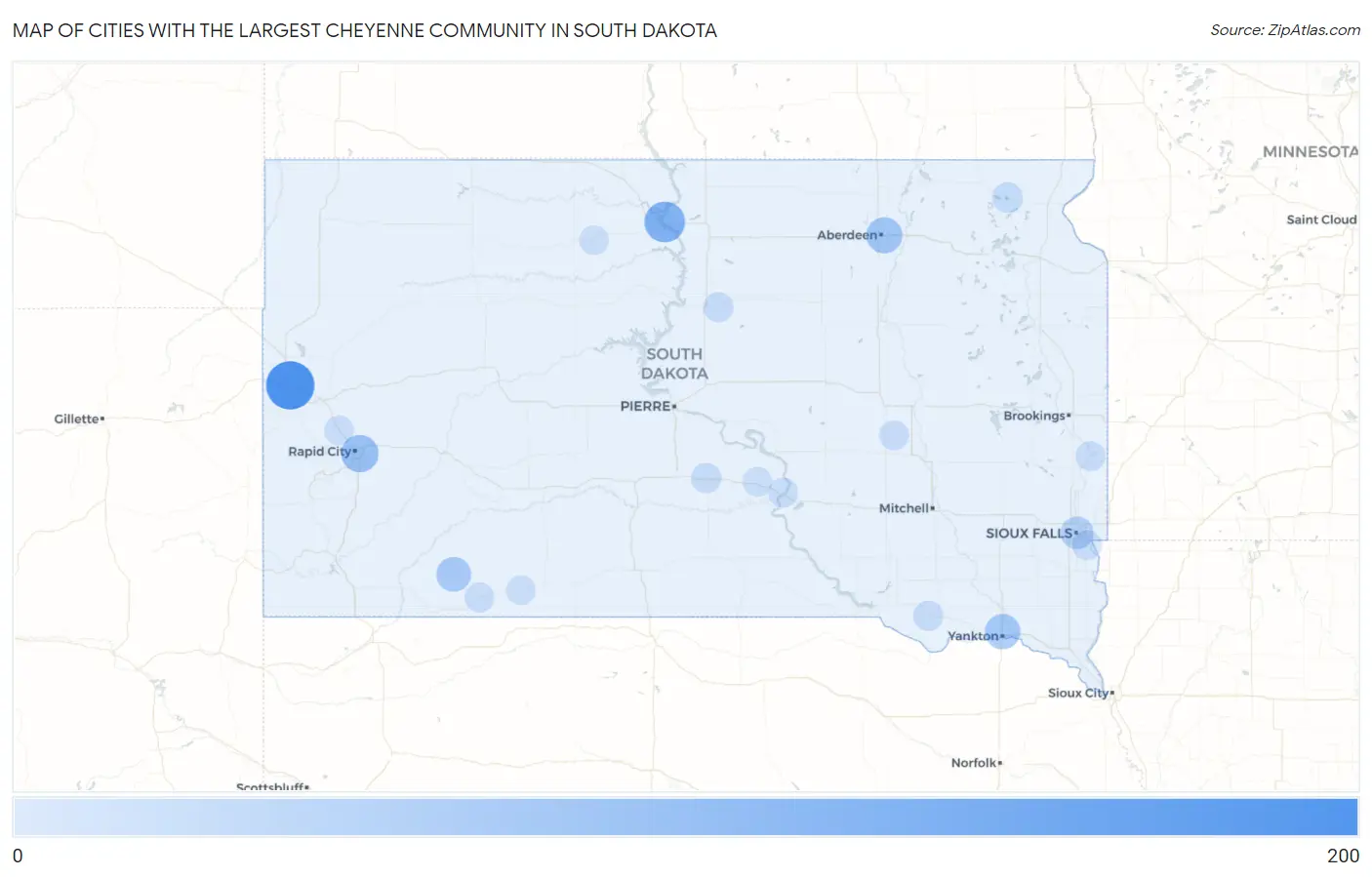 Cities with the Largest Cheyenne Community in South Dakota Map