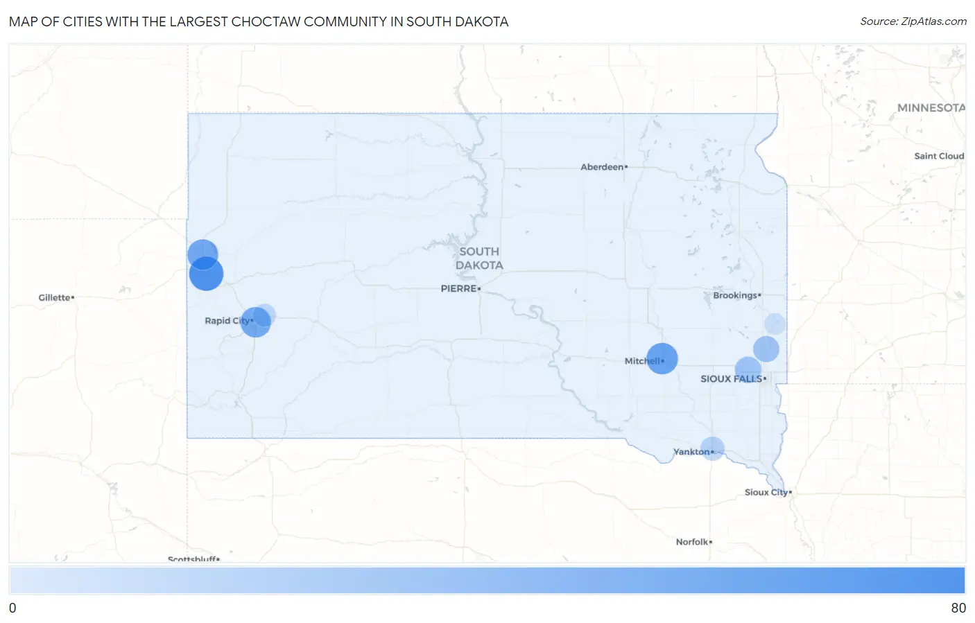 Cities with the Largest Choctaw Community in South Dakota Map