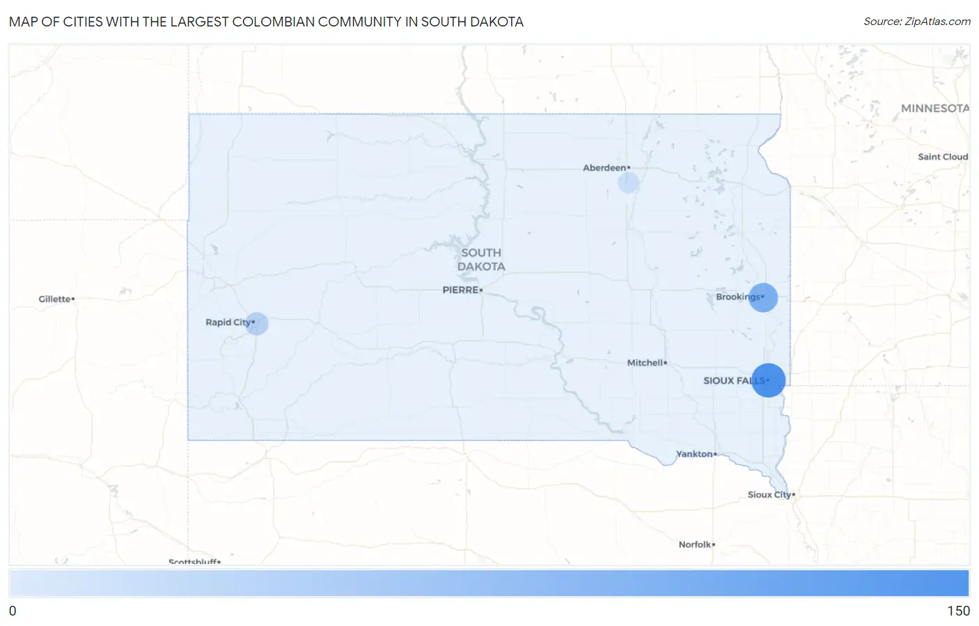 Cities with the Largest Colombian Community in South Dakota Map