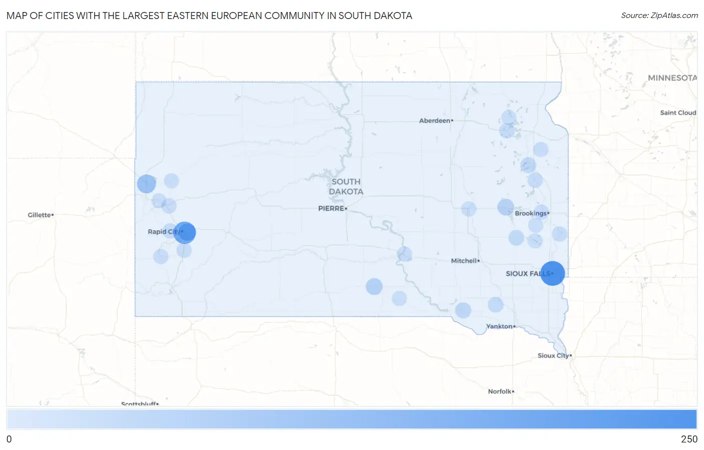 Cities with the Largest Eastern European Community in South Dakota Map