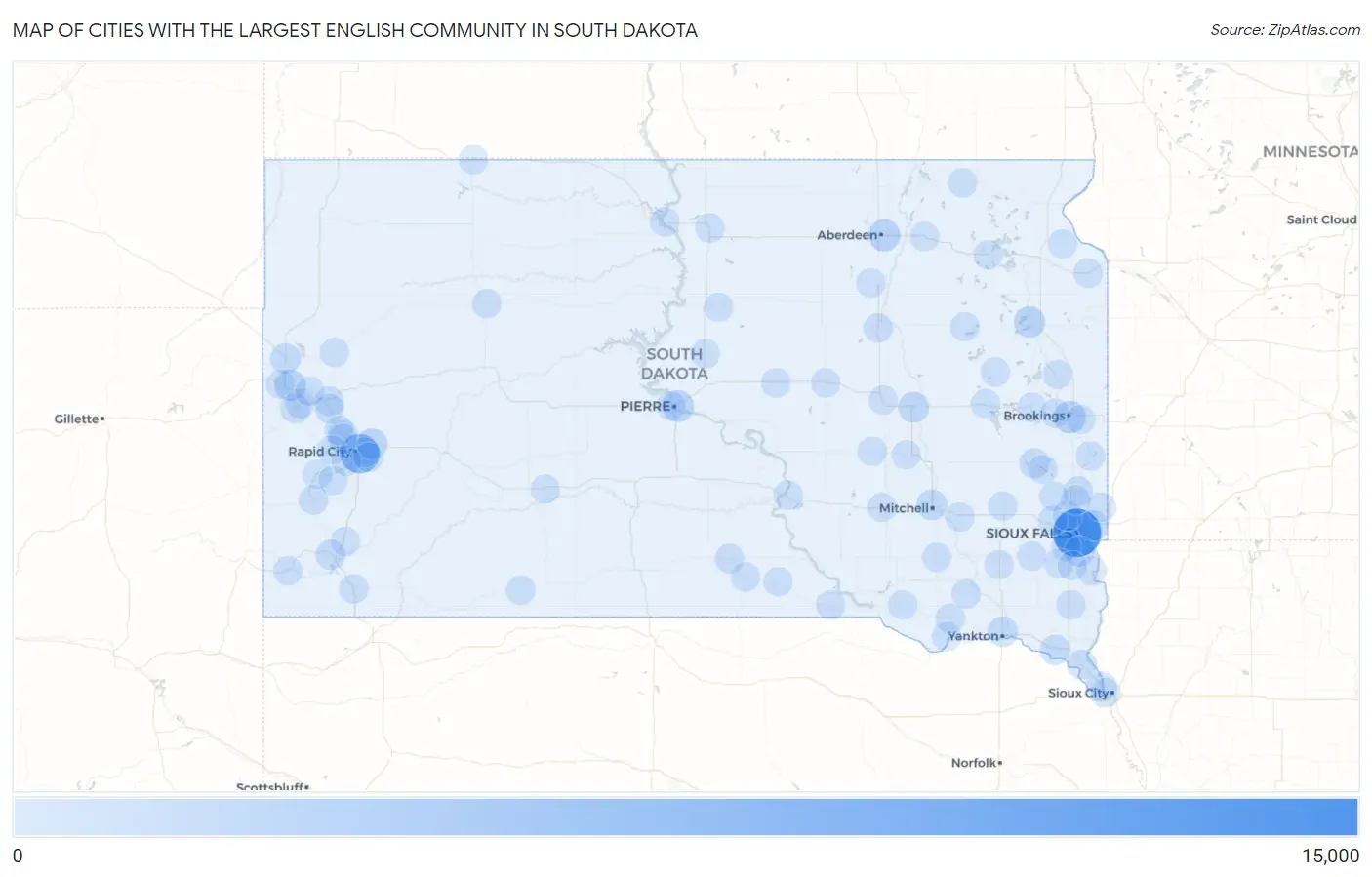 Cities with the Largest English Community in South Dakota Map