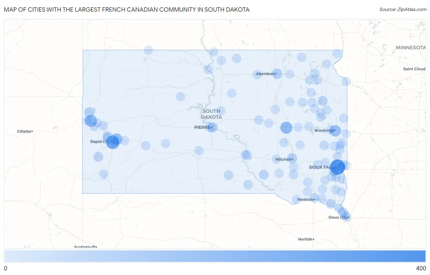 Cities with the Largest French Canadian Community in South Dakota Map