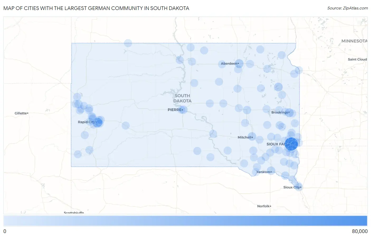 Cities with the Largest German Community in South Dakota Map