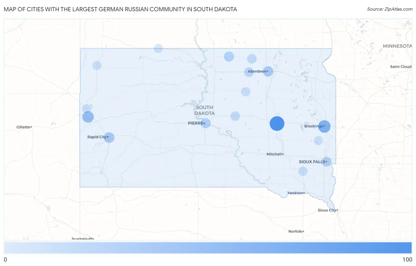 Cities with the Largest German Russian Community in South Dakota Map