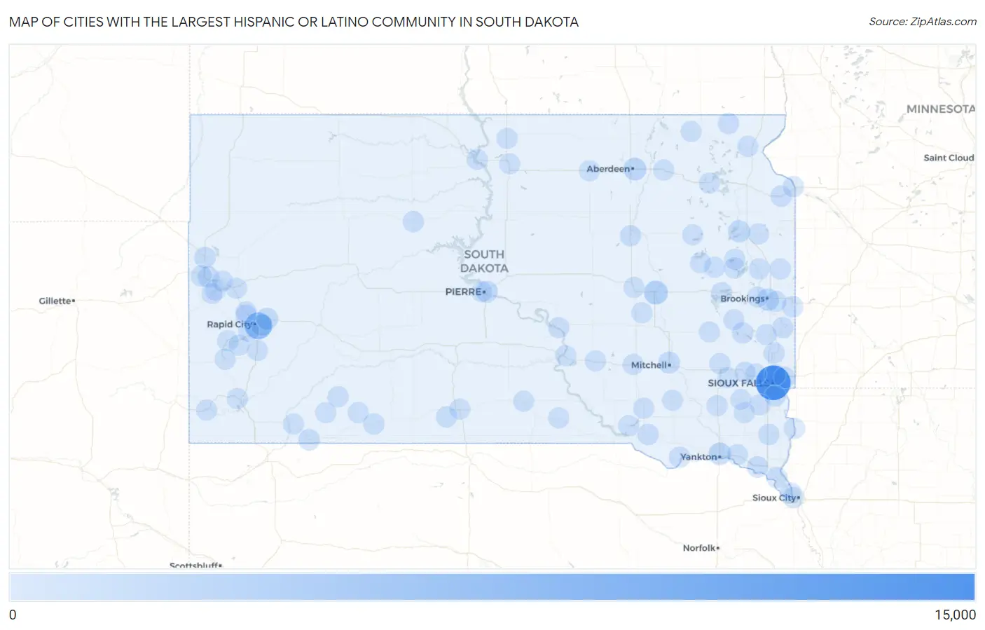 Cities with the Largest Hispanic or Latino Community in South Dakota Map