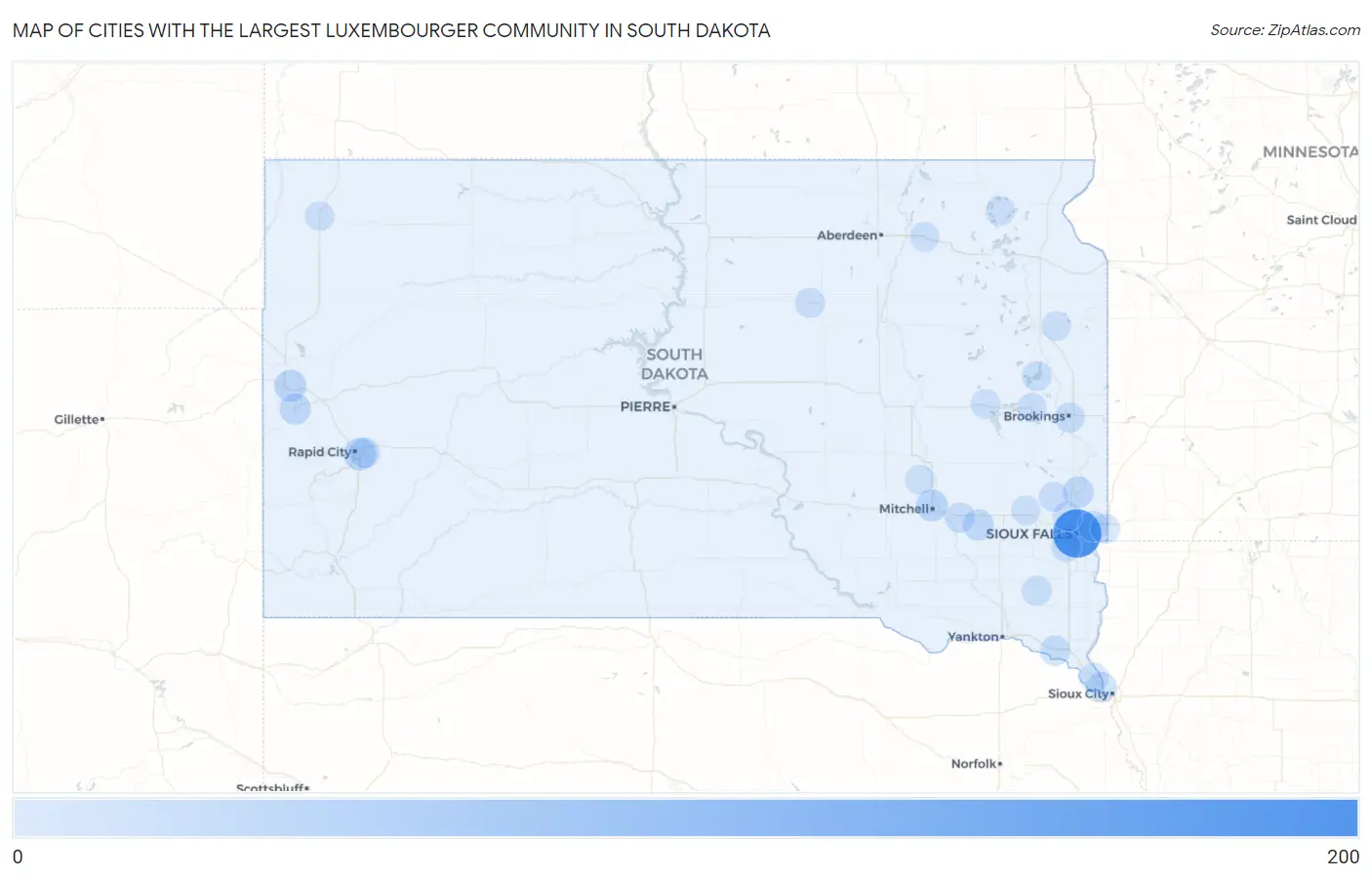 Cities with the Largest Luxembourger Community in South Dakota Map