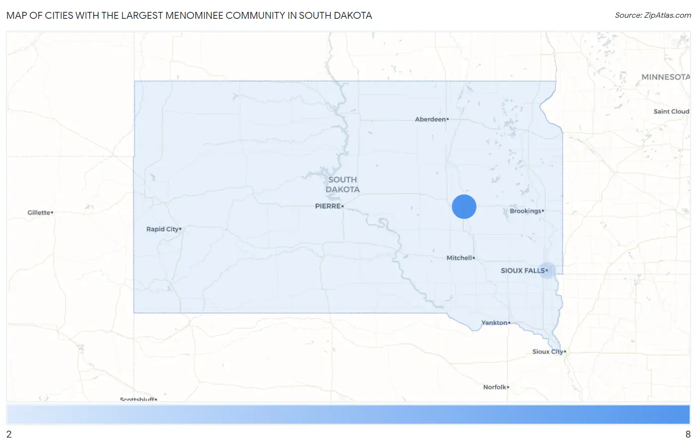 Cities with the Largest Menominee Community in South Dakota Map
