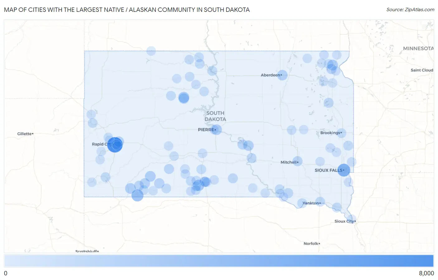 Cities with the Largest Native / Alaskan Community in South Dakota Map
