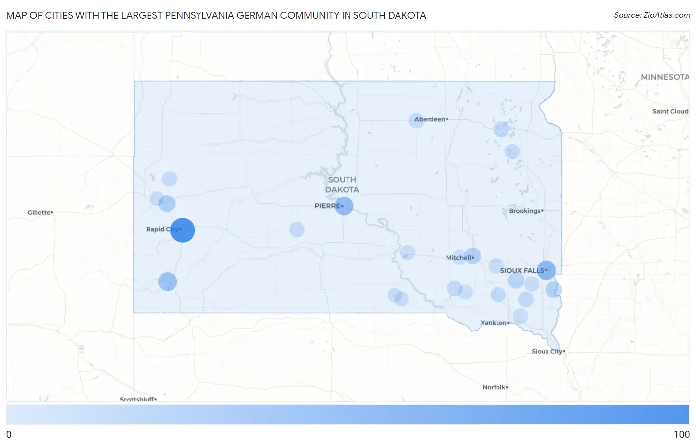 Cities with the Largest Pennsylvania German Community in South Dakota Map