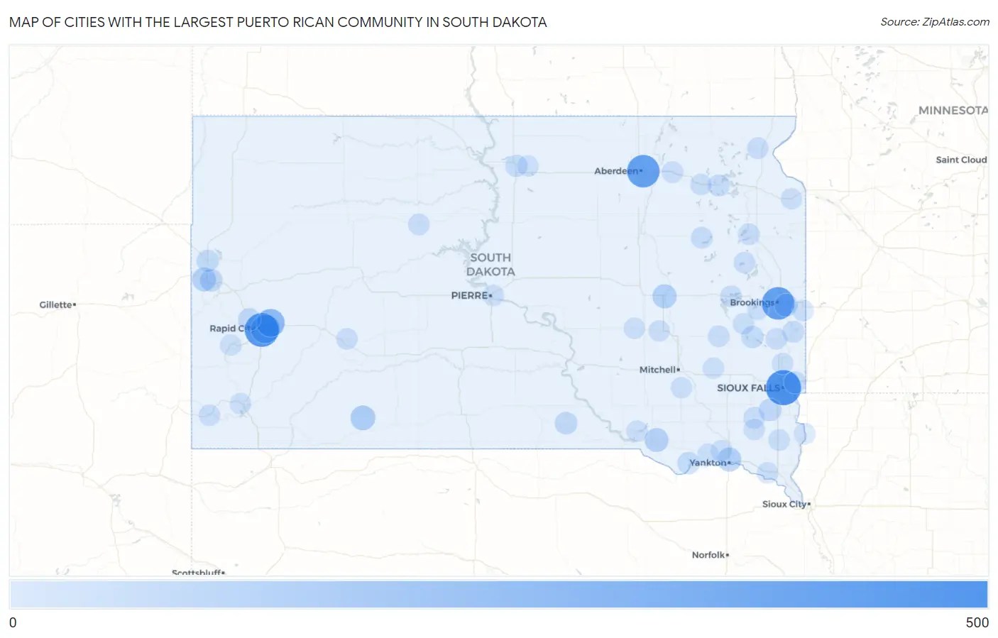 Cities with the Largest Puerto Rican Community in South Dakota Map