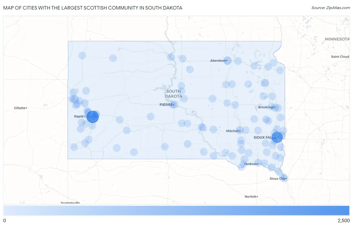 Cities with the Largest Scottish Community in South Dakota Map