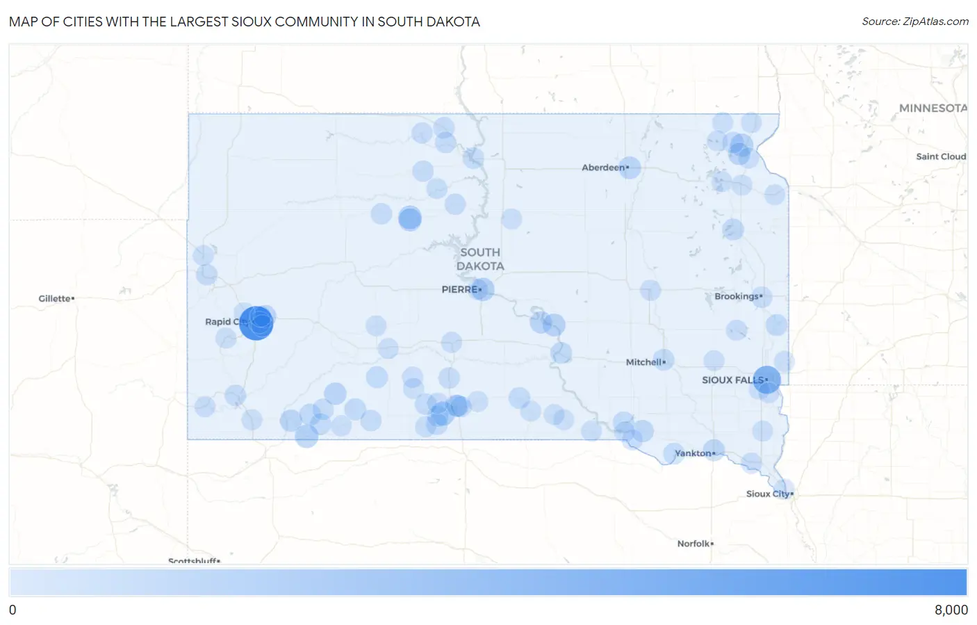 Cities with the Largest Sioux Community in South Dakota Map
