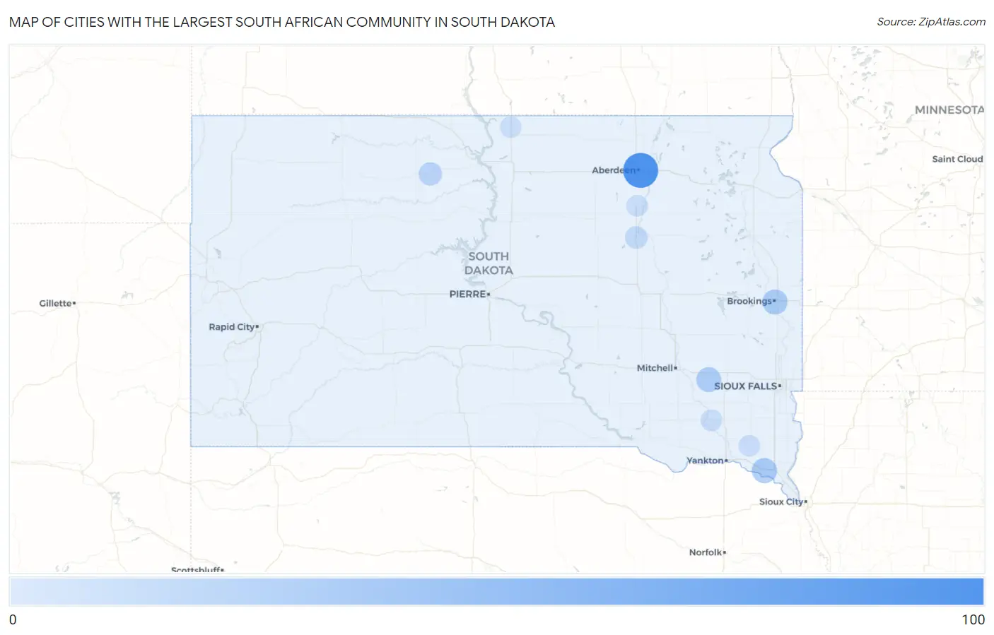 Cities with the Largest South African Community in South Dakota Map