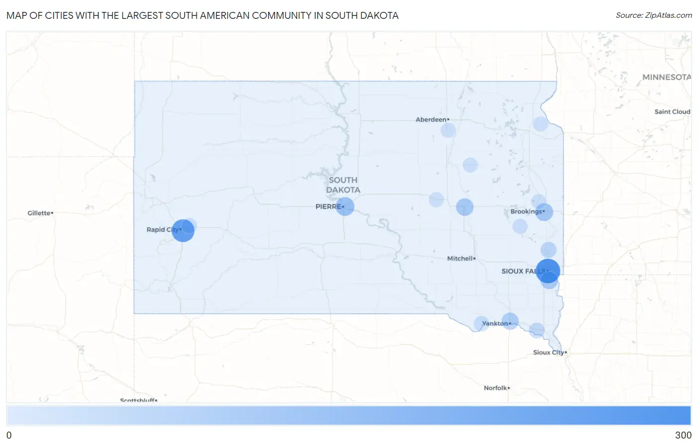 Cities with the Largest South American Community in South Dakota Map