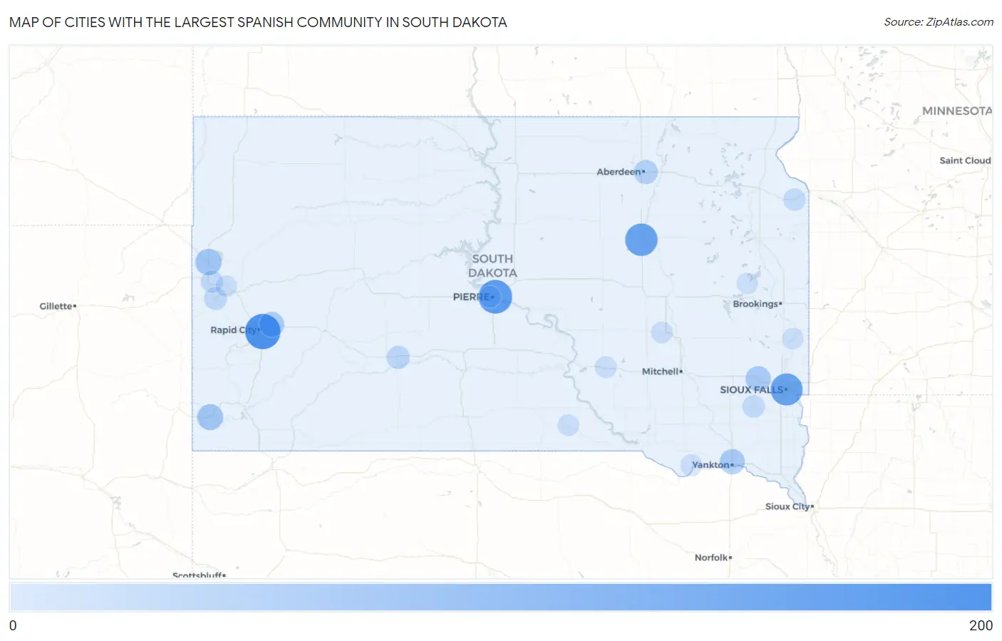 Cities with the Largest Spanish Community in South Dakota Map