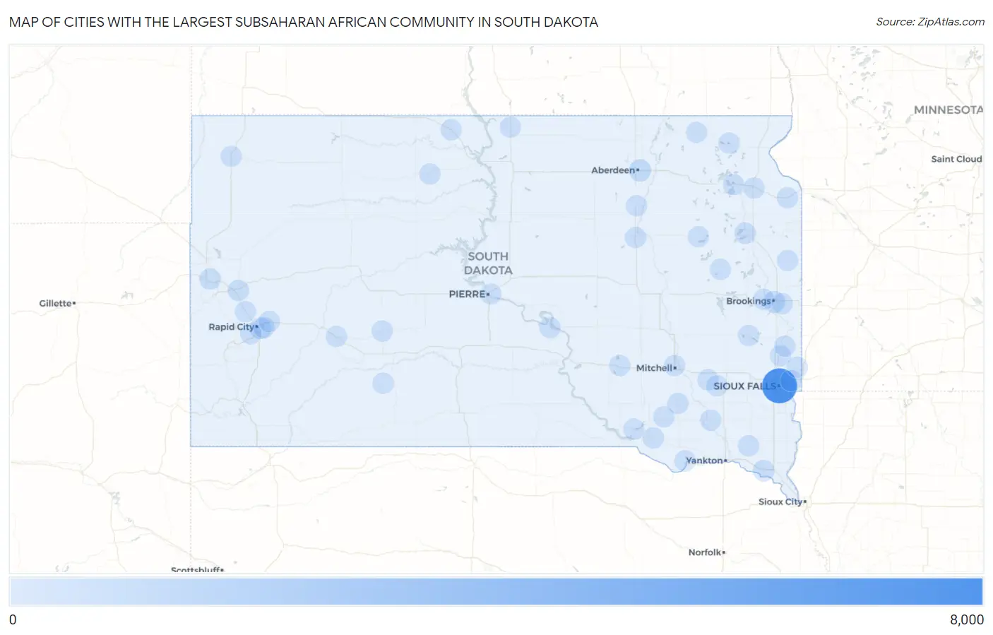 Cities with the Largest Subsaharan African Community in South Dakota Map