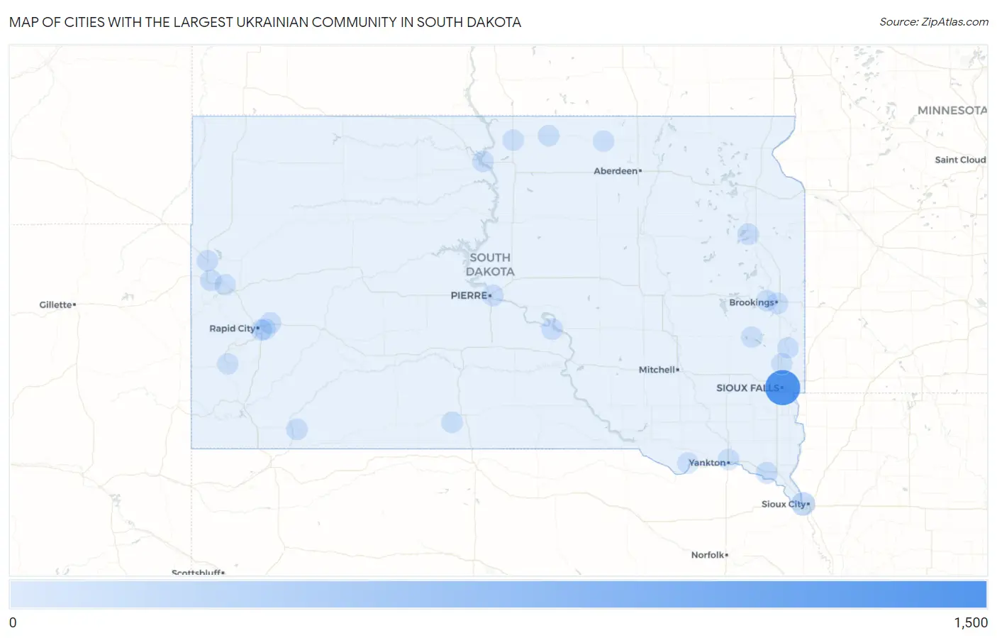 Cities with the Largest Ukrainian Community in South Dakota Map