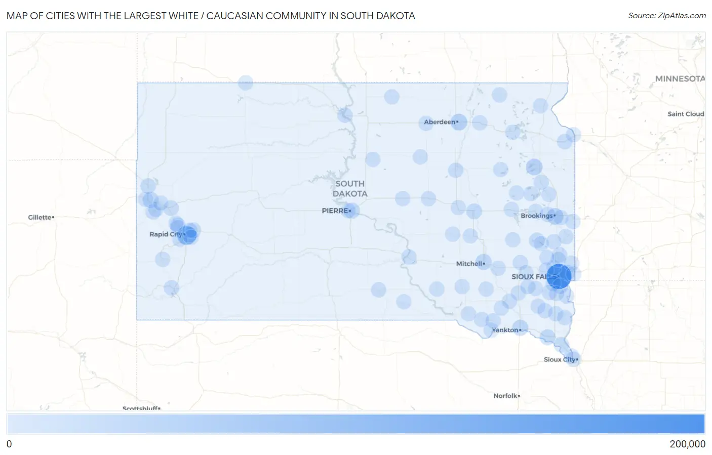 Cities with the Largest White / Caucasian Community in South Dakota Map