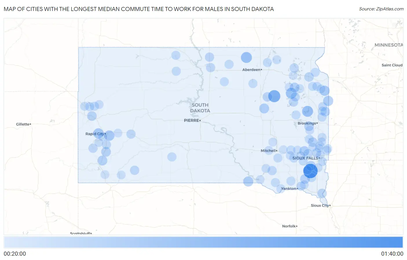 Cities with the Longest Median Commute Time to Work for Males in South Dakota Map