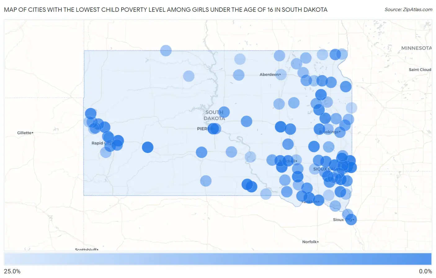 Cities with the Lowest Child Poverty Level Among Girls Under the Age of 16 in South Dakota Map