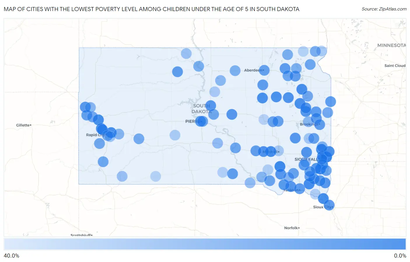 Cities with the Lowest Poverty Level Among Children Under the Age of 5 in South Dakota Map