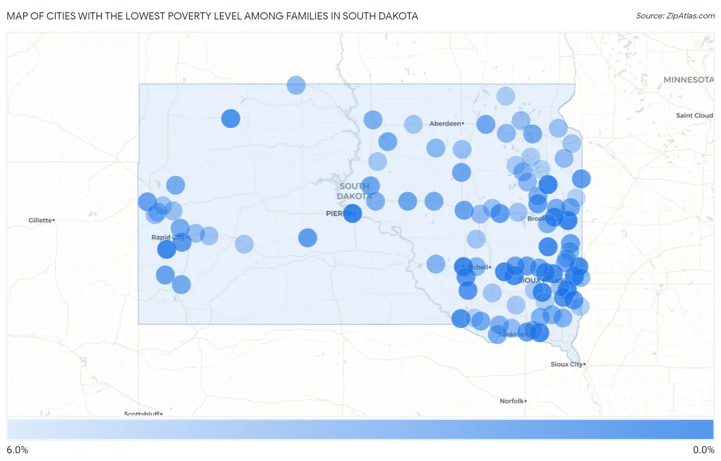 Cities with the Lowest Poverty Level Among Families in South Dakota Map