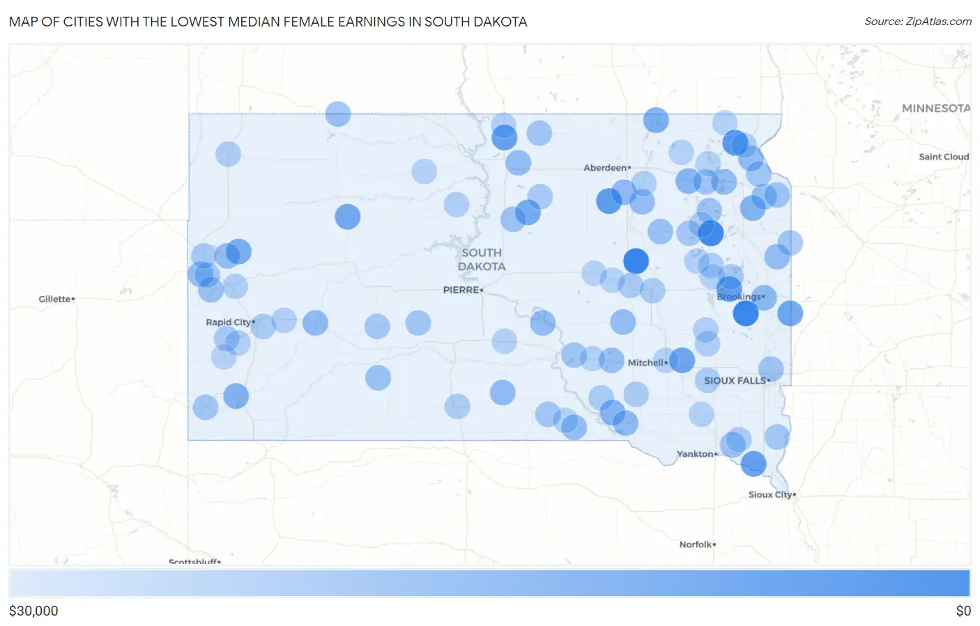 Cities with the Lowest Median Female Earnings in South Dakota Map