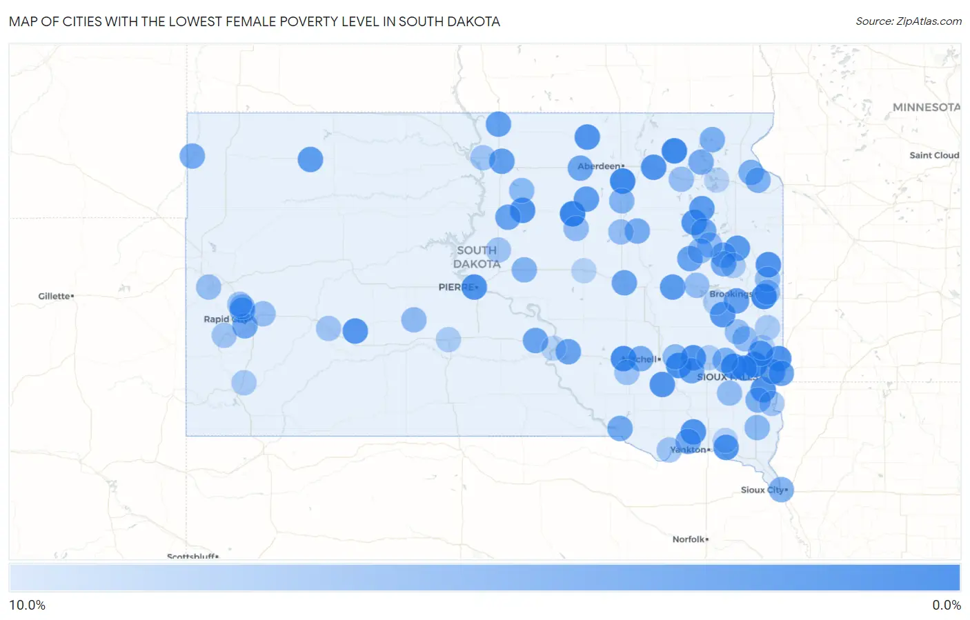 Cities with the Lowest Female Poverty Level in South Dakota Map