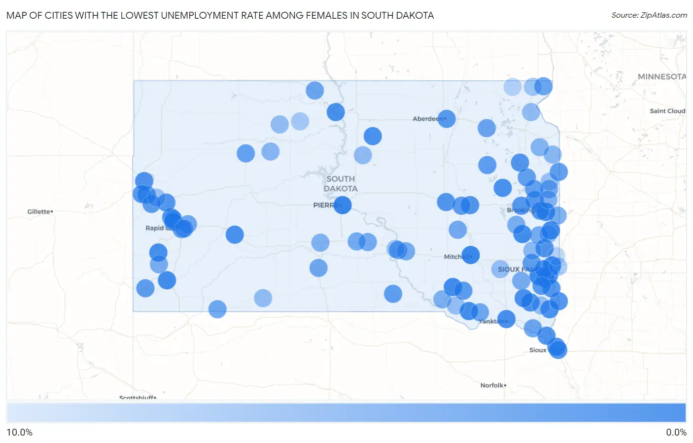 Cities with the Lowest Unemployment Rate Among Females in South Dakota Map