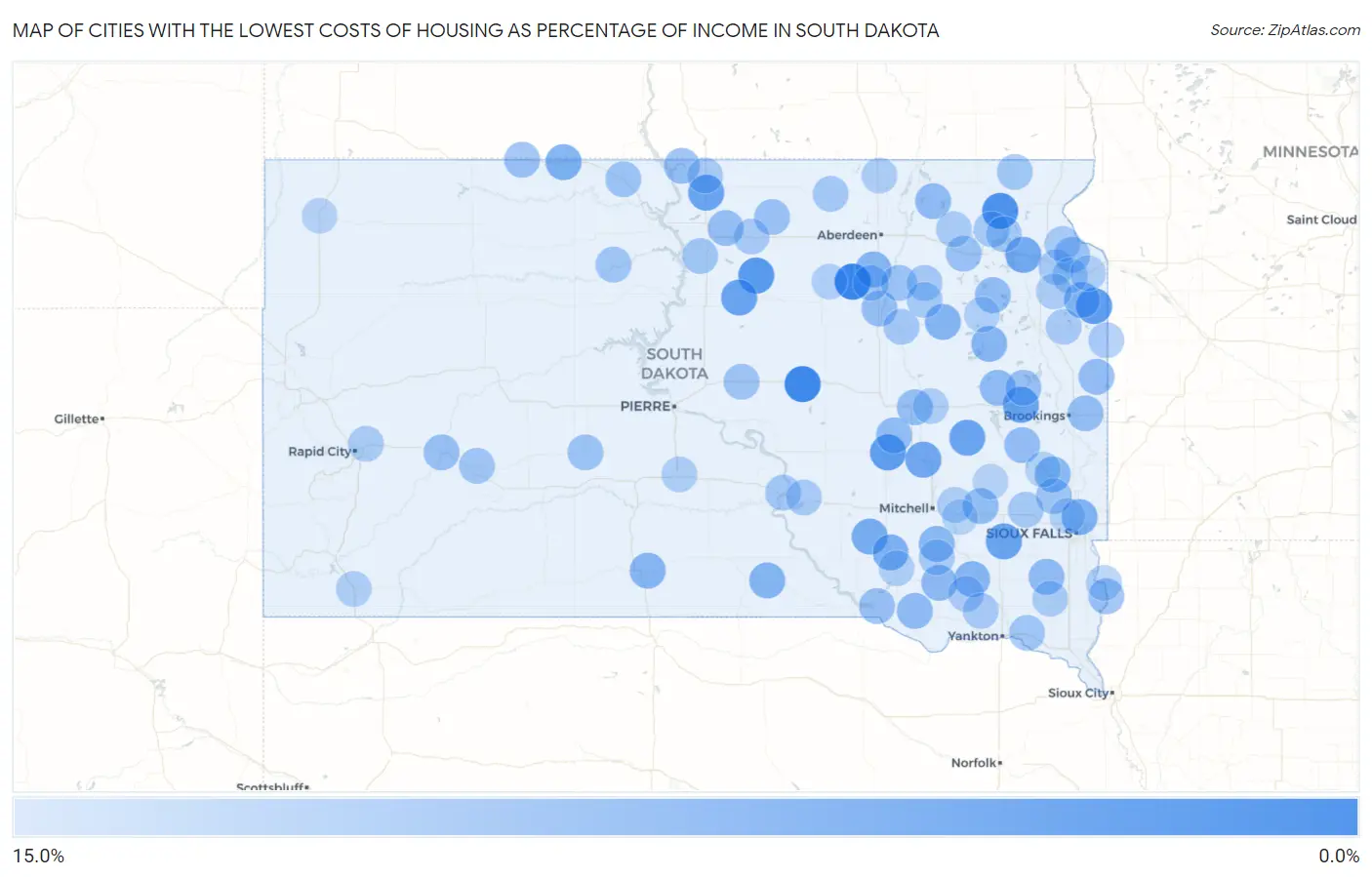 Cities with the Lowest Costs of Housing as Percentage of Income in South Dakota Map