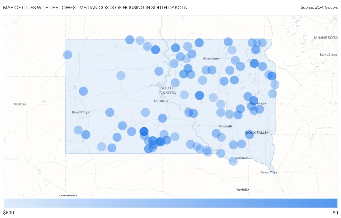 Cities with the Lowest Median Costs of Housing in South Dakota Map