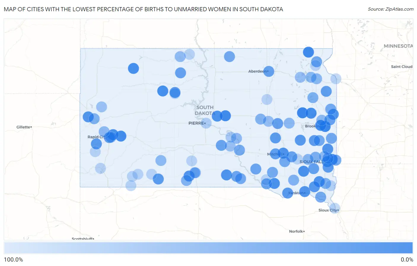 Cities with the Lowest Percentage of Births to Unmarried Women in South Dakota Map