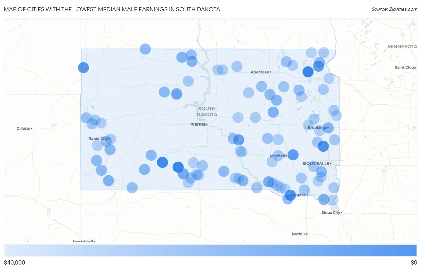 Cities with the Lowest Median Male Earnings in South Dakota Map