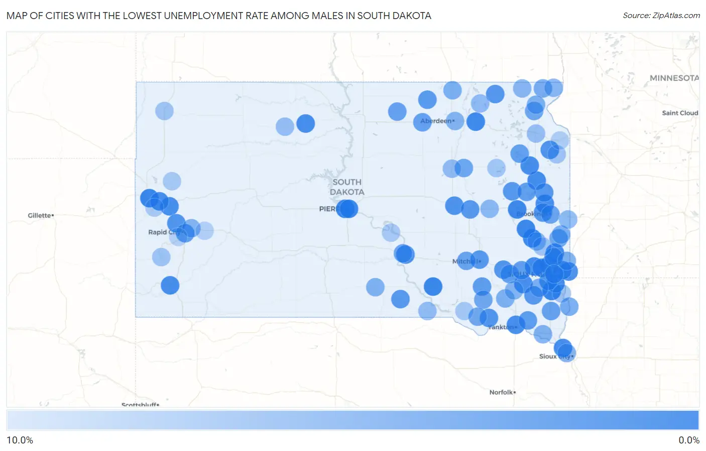Cities with the Lowest Unemployment Rate Among Males in South Dakota Map
