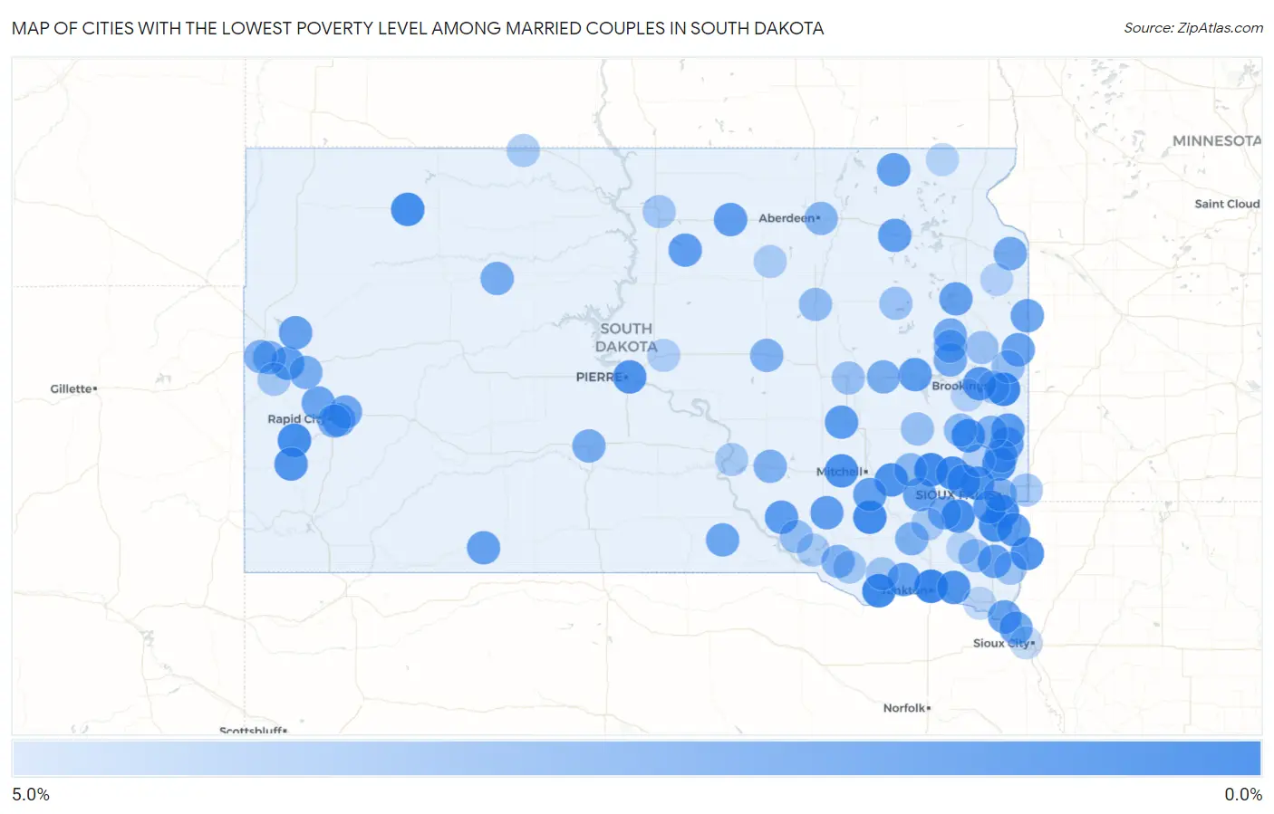 Cities with the Lowest Poverty Level Among Married Couples in South Dakota Map