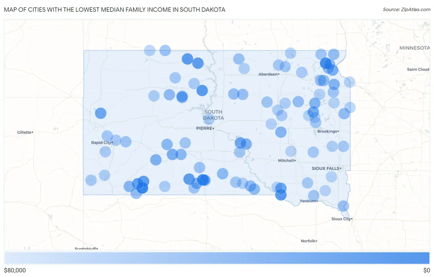Cities with the Lowest Median Family Income in South Dakota Map