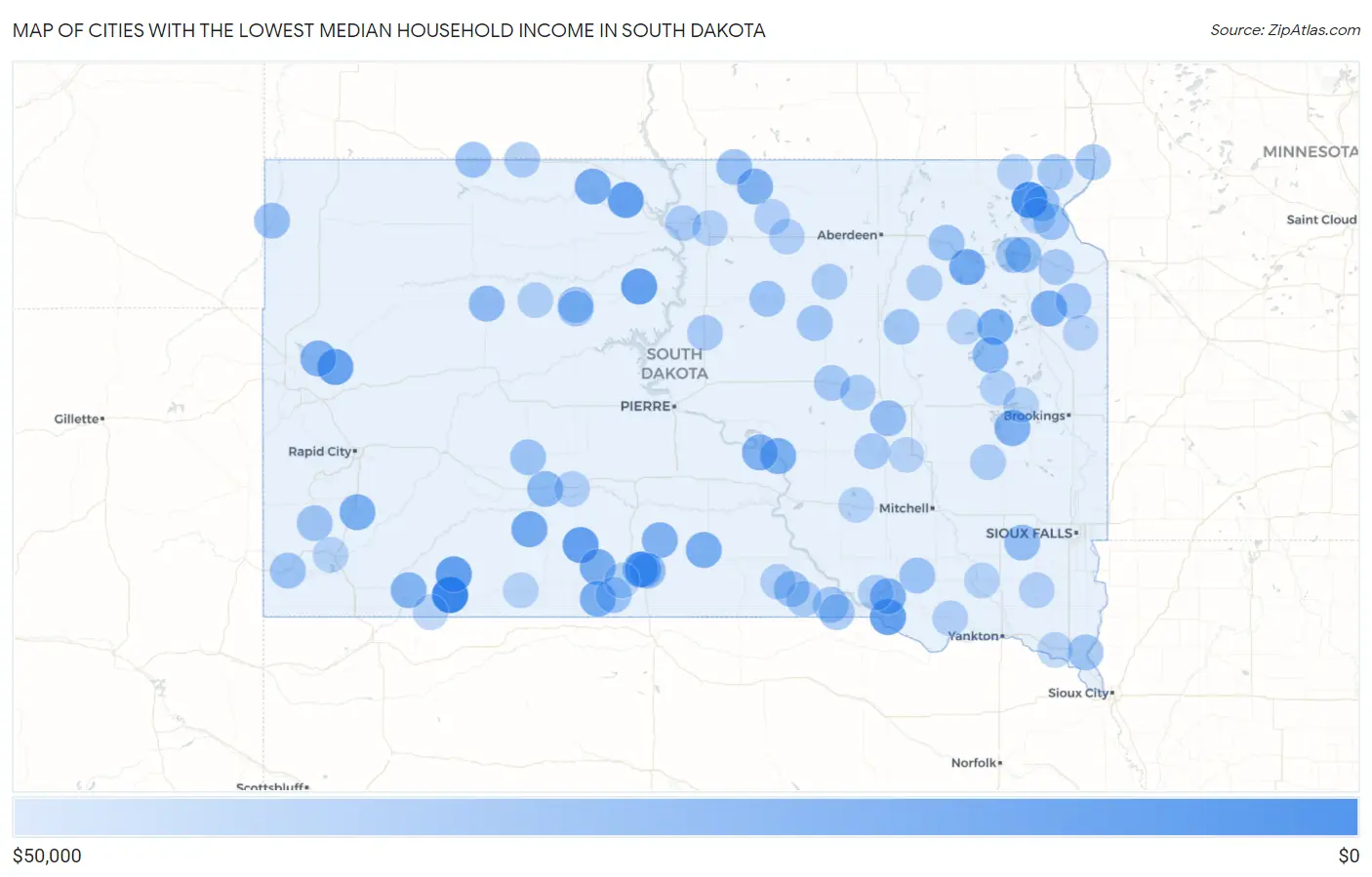 Cities with the Lowest Median Household Income in South Dakota Map