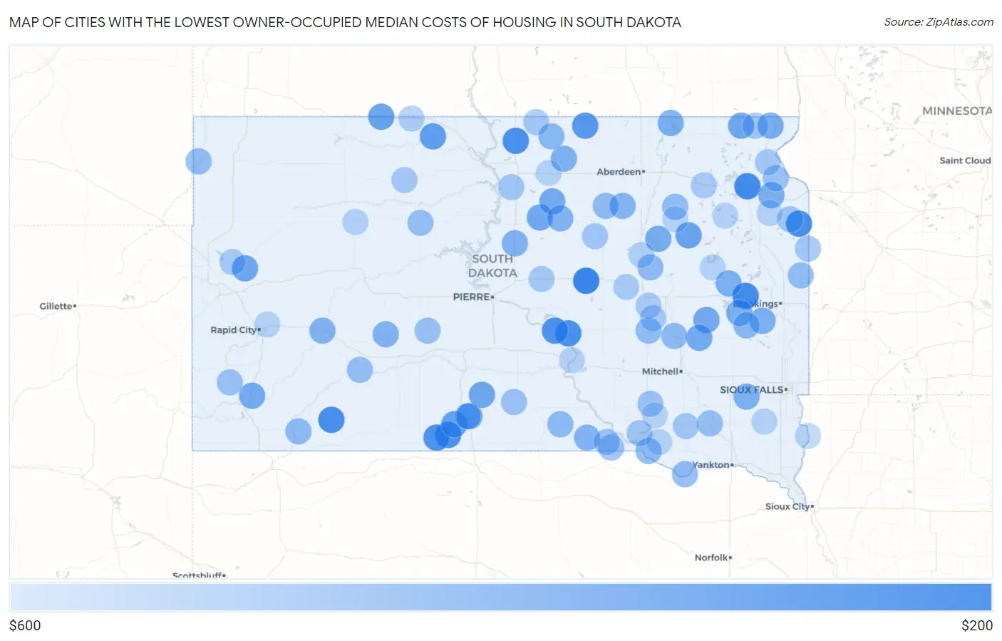 Cities with the Lowest Owner-Occupied Median Costs of Housing in South Dakota Map