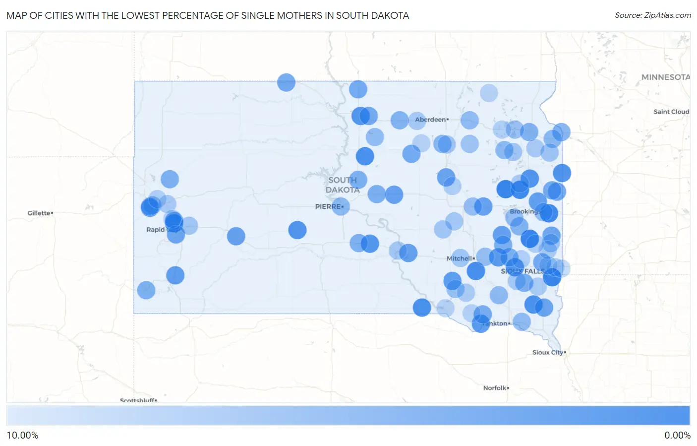 Cities with the Lowest Percentage of Single Mothers in South Dakota Map