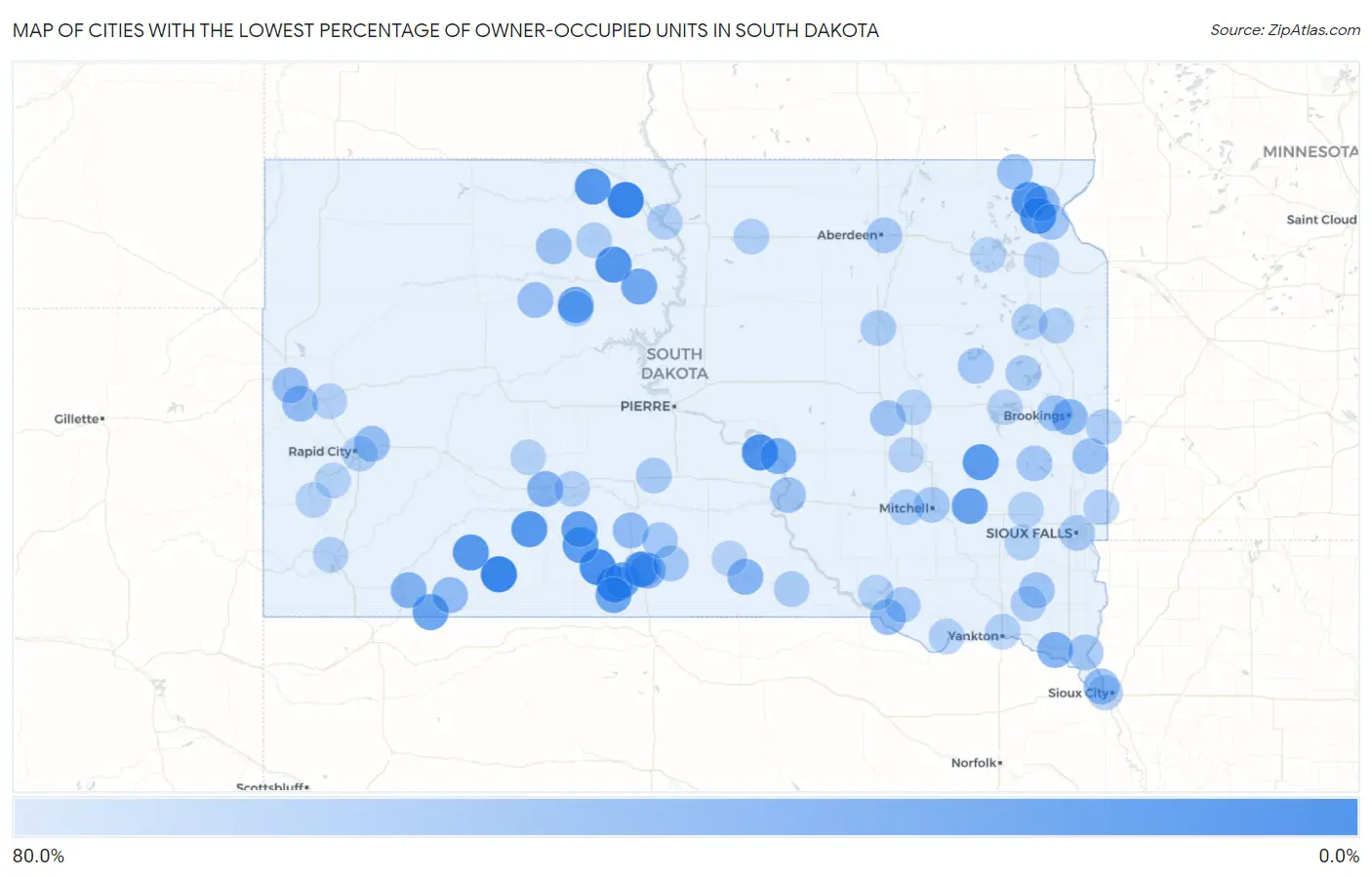 Cities with the Lowest Percentage of Owner-Occupied Units in South Dakota Map