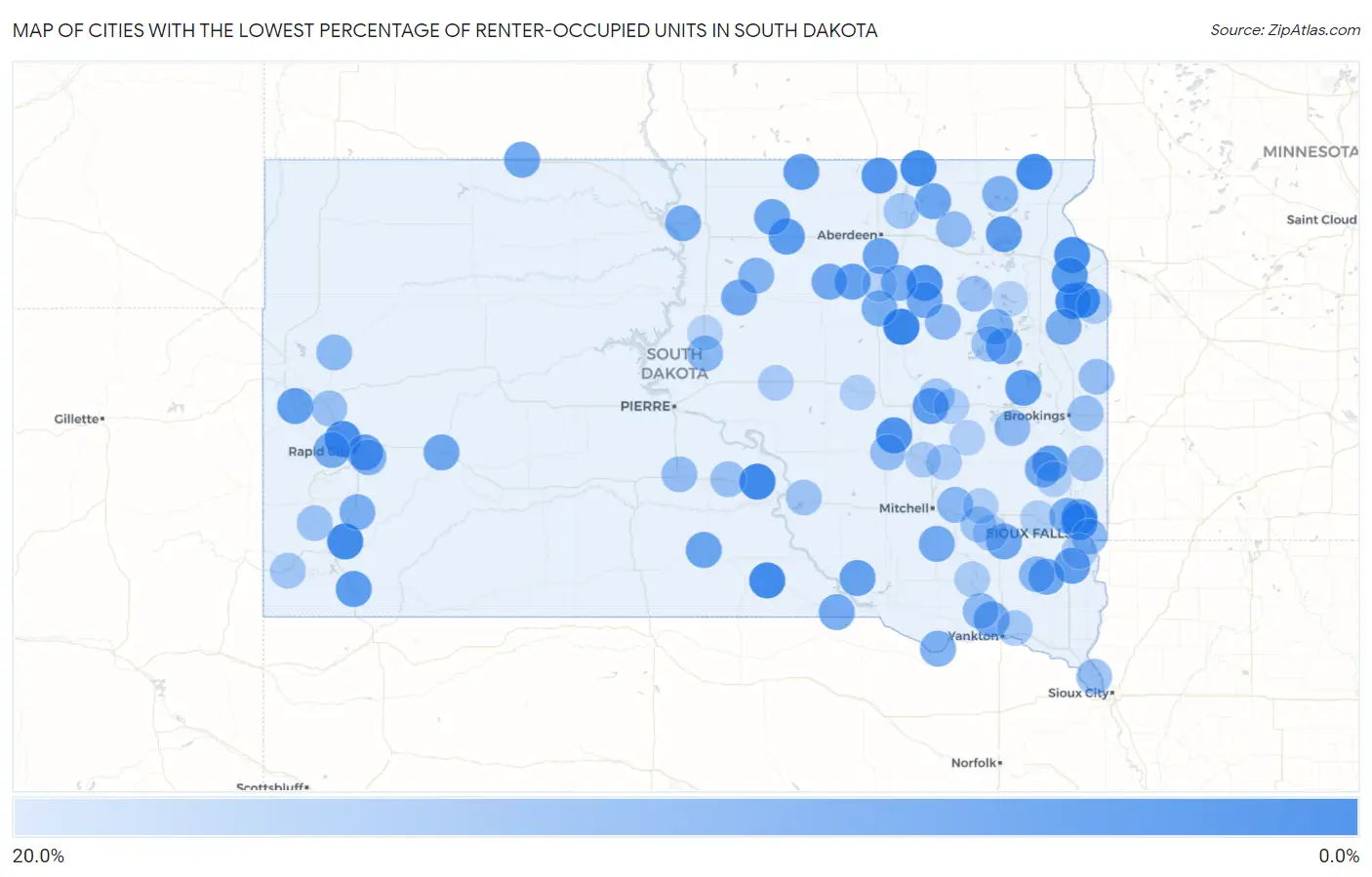 Cities with the Lowest Percentage of Renter-Occupied Units in South Dakota Map