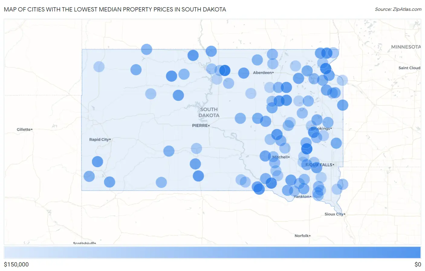 Cities with the Lowest Median Property Prices in South Dakota Map