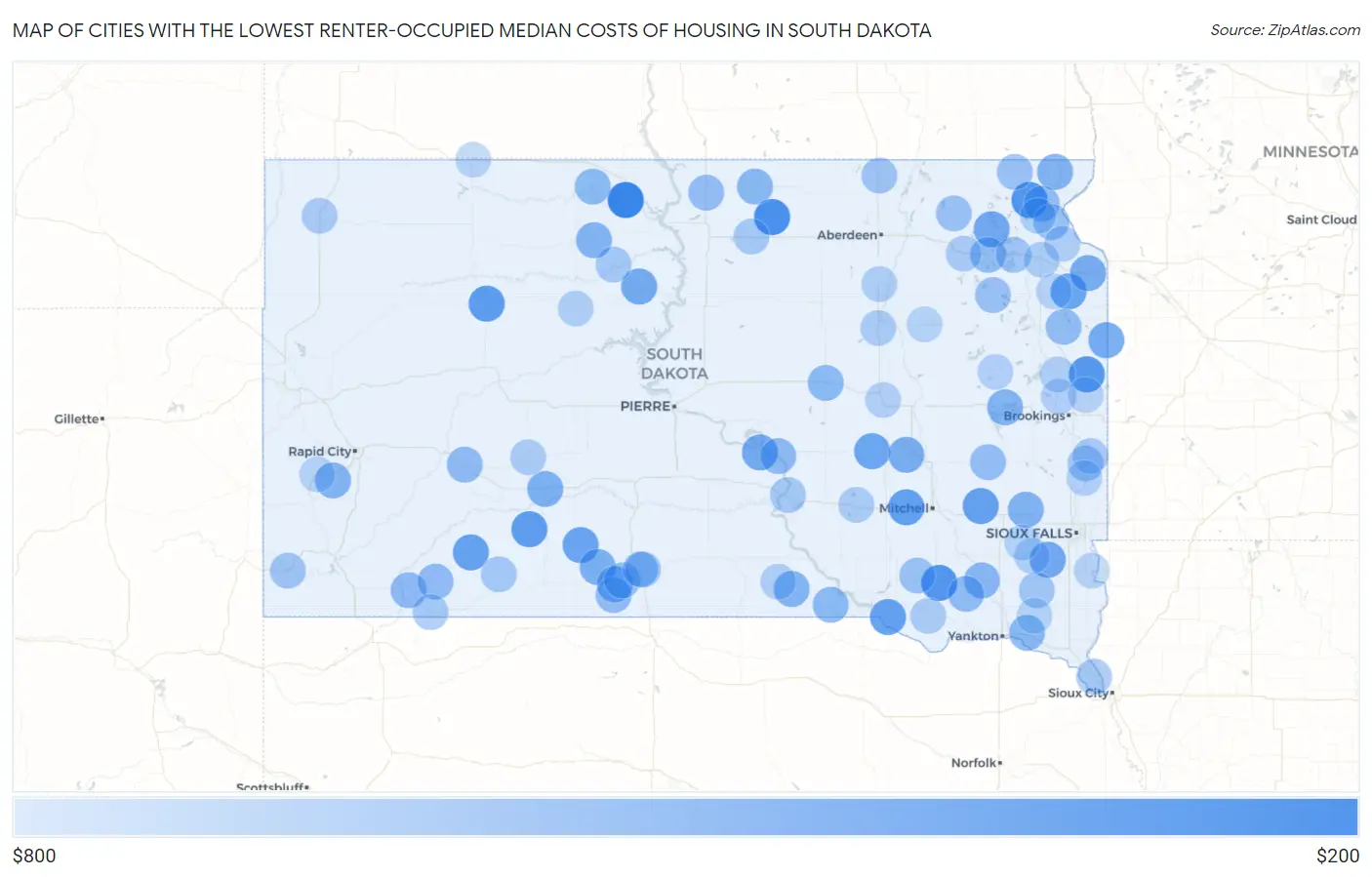 Cities with the Lowest Renter-Occupied Median Costs of Housing in South Dakota Map