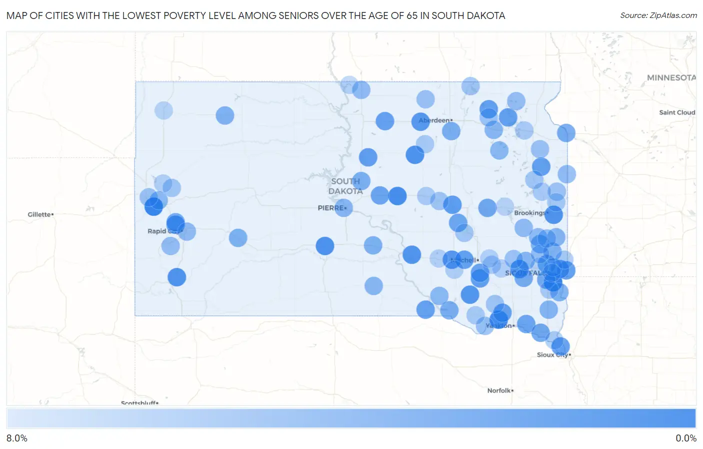 Cities with the Lowest Poverty Level Among Seniors Over the Age of 65 in South Dakota Map