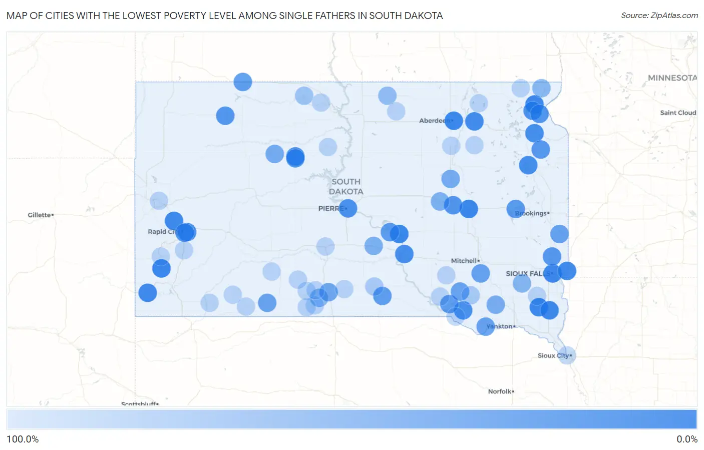 Cities with the Lowest Poverty Level Among Single Fathers in South Dakota Map