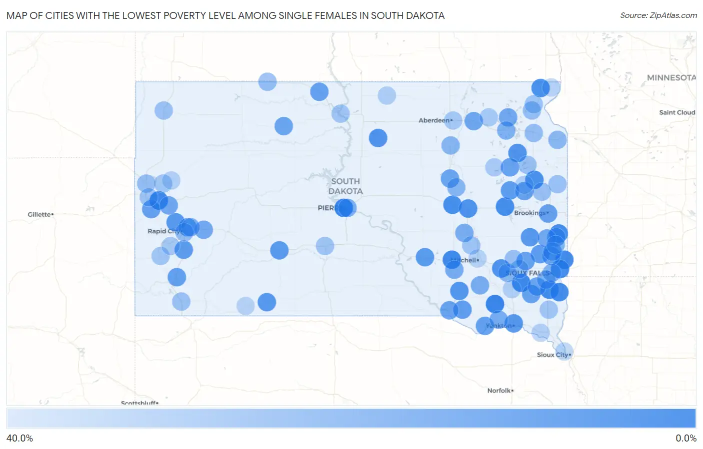 Cities with the Lowest Poverty Level Among Single Females in South Dakota Map